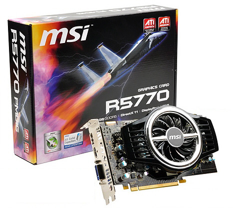   MSI Radeon HD 5770 850 Mhz PCI-E 2.1 1024 Mb 4800 Mhz 128 bit DVI HDMI HDCP (R5770-PMD1G)  3