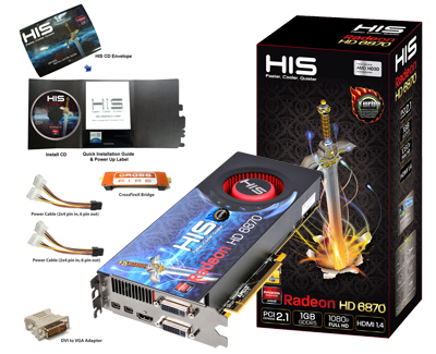   HIS Radeon HD 6870 920 Mhz PCI-E 2.1 1024 Mb 4480 Mhz 256 bit 2xDVI HDMI HDCP (H687FT1G2M)  3