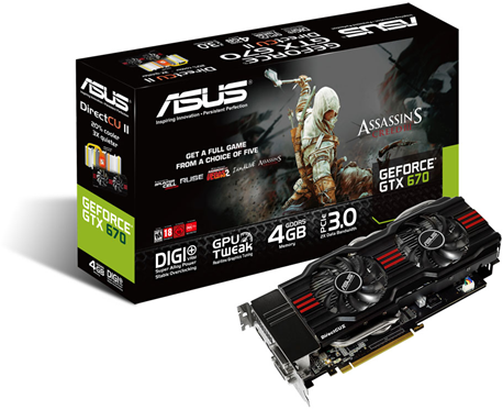   Asus GeForce GTX 670 915Mhz PCI-E 3.0 4096Mb 6008Mhz 256 bit 2xDVI HDMI HDCP Cool (GTX670-DC2G-4GD5)  4